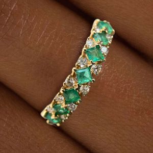 Golden Asscher Cut Emerald Sapphire Wedding Band For Women