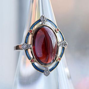 Art Deco Two Tone Oval Cut Garnet Sapphire Engagement Ring For Women