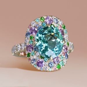 Multi-Color Halo Oval Cut Aquamarine Sapphire Cocktail Ring For Women