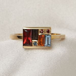 Golden Baguette Cut Garnet & Topaz & Orange & Brown Sapphire Cocktail Ring For Women