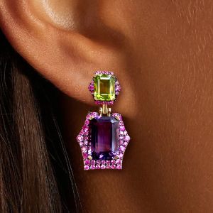 Vintage Emerald Cut Amethyst & Peridot Sapphire Drop Earrings For Women
