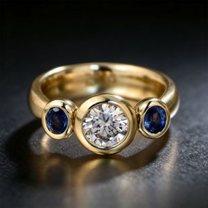 Bezel Round & Oval Cut White & Blue Sapphire Three Stone Engagement Ring