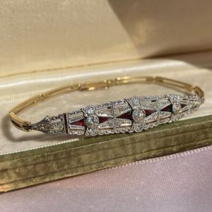 Art Deco Two Tone Round Cut White & Ruby Sapphire Bracelet For Women