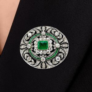 Art Deco Emerald Cut Emerald & White Sapphire Brooch Pin For Women