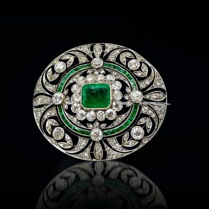 Art Deco Emerald Cut Emerald & White Sapphire Brooch Pin For Women