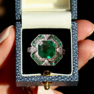 Double Halo Emerald & White Sapphire Asscher Cut Engagement Ring