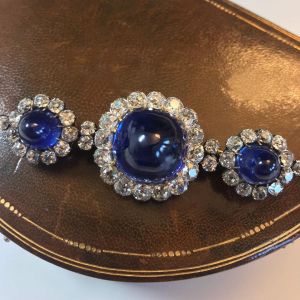 Vintage Halo Cushion Cut Cabochon Blue Sapphire Brooch