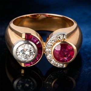 Two Tone Bezel Round Cut White & Ruby Sapphire Enaggement Ring