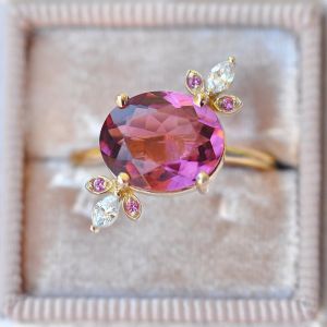 Golden Oval Cut Pink Sapphire Engagement Ring For Women
