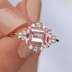 Rose Gold Halo Emerald Cut Pink & White Sapphire Engagement Ring For Women
