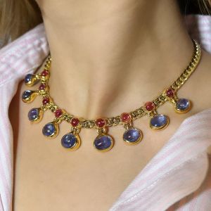 Antique Golden Oval & Round Cut Cabochon Blue & Ruby Sapphire Necklace