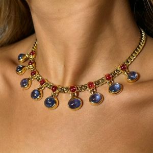Antique Golden Oval & Round Cut Cabochon Blue & Ruby Sapphire Necklace