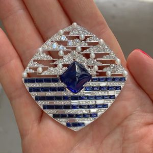 Unique Blue & White Sapphire & Pearl Cushion Cabochon & Round & Baguette Cut Brooch 