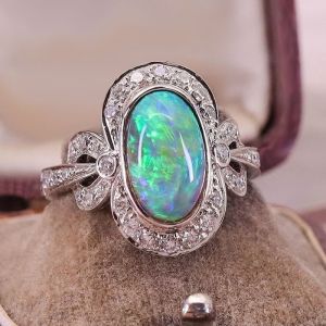 Vintage Oval Cut Cabochon Opal & White Sapphire Engagement Ring For Women