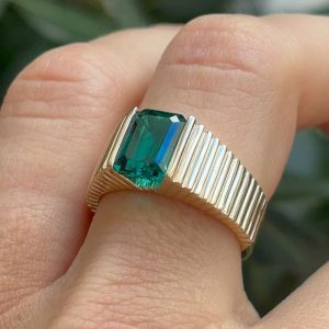 Golden Emerald Cut Emerald Sapphire Solitaire Engagement Ring