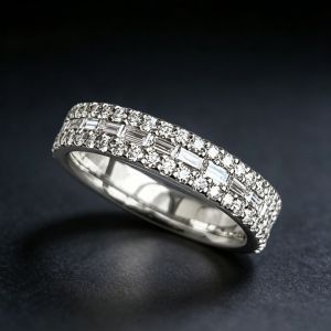 Triple Row Round & Baguette Cut White Sapphire Half Eternity Wedding Band For Women
