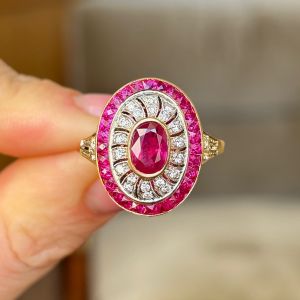 Vintage Halo Two Tone Ruby & White Sapphire Oval Cut Engagement Ring