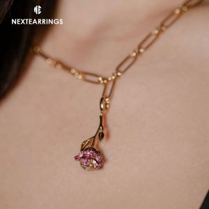 Unique Round Cut Pink Sapphire Rose Charm Pendant Necklace For Women