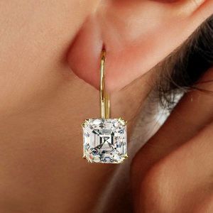 Nextearrings Classic Golden Solitaire Asscher Cut White Sapphire Drop Earrings For Women