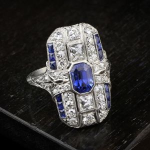 Art Deco Emerald Cut Blue & White Sapphire Cocktail Ring For Women
