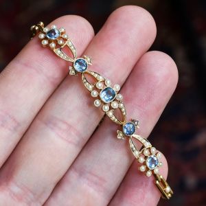 Art Deco Golden Cushion & Round Cut Aquamarine Sapphire & Pearl Bracelet