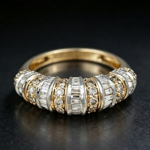 Vintage Two Tone Baguette & Round Cut Wite Sappgire Wedding Band
