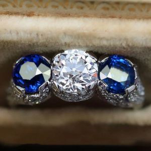 Art Deco Round Cut White & Blue Sapphire Engagement Ring For Women