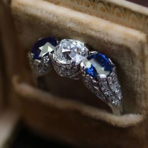 Art Deco Round Cut White & Blue Sapphire Engagement Ring For Women