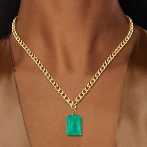 Golden Emerald Cut Emerald Sapphire Solitaire Pendant Necklace For Women