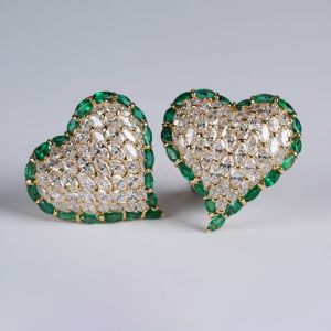 Golden Marquise Cut White & Emerald Sapphire Heart Stud Earrings For Women