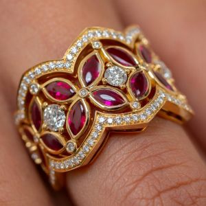 Golden Marquise & Round Cut Ruby & White Sapphire Wedding Band For Women