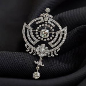 Art Deco Milgrain Cushion & Round Cut White Sapphire Brooch