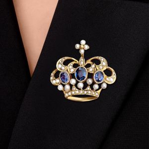Vintage Crown Design Oval Cut Blue Sapphire & Pearl Brooch