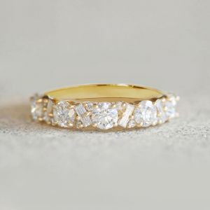 Golden Round & Baguette Cut White Sapphire Wedding Band For Women