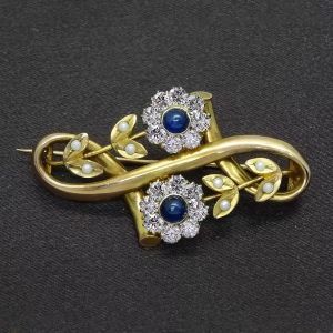 Antique Round Cut Blue & White Sapphire & Pearl Floral Brooch