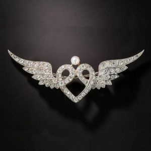 Art Deco Round Cut White Sapphire & Pearl Wing Brooch 