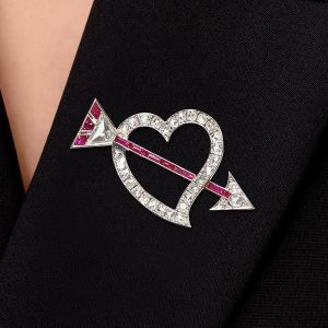 Antique Round & Baguette Cut White & Ruby Sapphire Heart and Arrow Brooch Pin