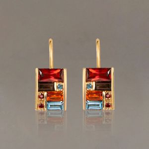 Golden Baguette Cut Garnet & Topaz & Orange & Brown Sapphire Drop Earrings