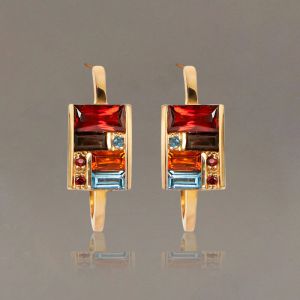 Golden Baguette Cut Garnet & Topaz & Orange & Brown Sapphire Hoop Earrings