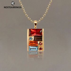 Golden Baguette Cut Garnet & Topaz & Orange & Brown Sapphire Pendant Necklace