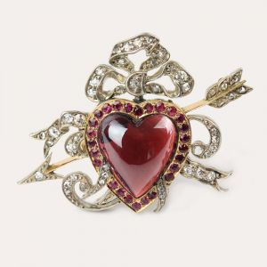 Two Tone Halo Heart Cabochon Cut Garnet & Ruby & White Sapphire Brooch Pin