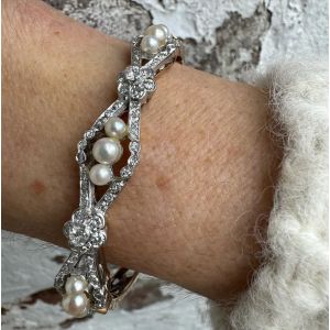 Antique Two Tone White Sapphire & Pearl Bangle Bracelet For Women