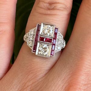 Art Deco Round & Baguette Cut White & Ruby Sapphire Engagement Ring