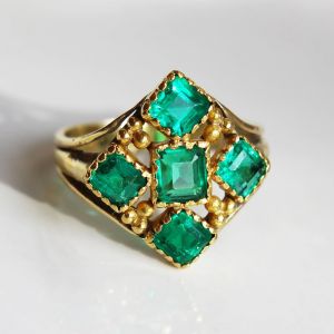 Vintage Golden Emerald Sapphire Asscher Cut Engagement Ring