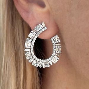 Classic Baguette & Round Cut White Sapphire Hoop Earrings For Women