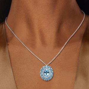 Double Halo Oval Cut Aquamarine & White Sapphire Pendant Necklace