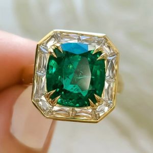 Golden Halo Emerald Sapphire Cushion Cut Engagement Ring Promise Ring