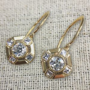 Classic Golden Round Cut White Sapphire Drop Earrings For Women