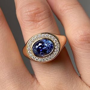 Golden Oval Cut Blue Sapphire Engagement Ring For Women