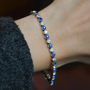 Vintage Round Cut Blue & White Sapphire Tennis Bracelet For Women